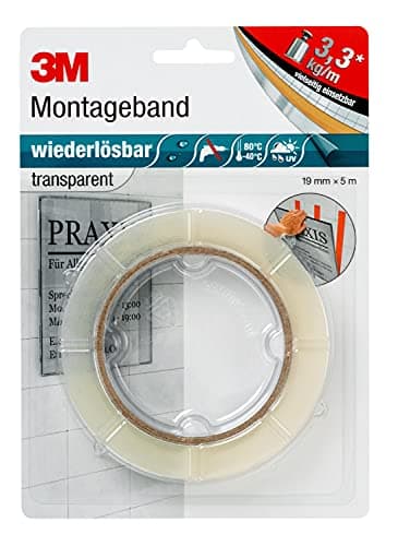 3M Wiederlösbares Montageband, doppelseitiges Klebeband für Innen- und Außenanwendungen, 19 mm x 5 m x 0,8 mm, transparent (1er Pack)