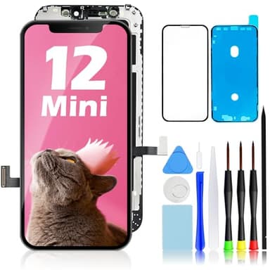 GULEEK Display für iPhone 12 Mini LCD Ersatz Bildschirm, 5,4" Vormontiert Touchscreen Schwarz mit Front Komplettes Glas und Werkzeug