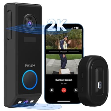Video Türklingel mit Doppelkamera, Bextgoo 2K HD Türklingel mit Kamera Kabellos, 10000mAh Akku, Bewegungserkennung Alarme, Nachtsicht, Kabel- oder Akkubetrieben, IP67 Wasserdicht
