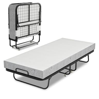Eulenke Klappbett 90x200 cm Erwachsene Gästebett Klappbar Mit 13 cm Dicker Matratze, Faltbare Metallbett Mit Rollen, Reisebett bis 150 kg Belastbar für Schlafzimmer Wohnzimmer Büro