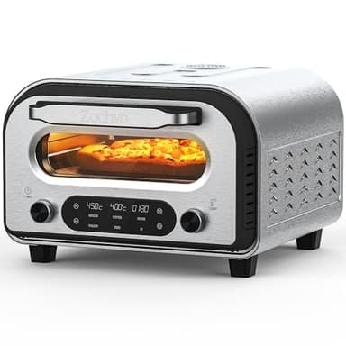 ZACHVO Elektrischer Pizzaofen – bis 450 °C, 5 Pizza-Programme, 1–60 Min Timer, LED-Touchscreen & Drehregler, Edelstahl, für 32 cm Pizza, inkl. Pizzastein, hochwertigem Pizzaschieber & Rezeptbuch