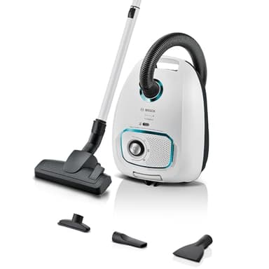 Bosch Staubsauger mit Beutel Serie 4 ProHygienic BGD41HYG, ideal für Allergiker, Hygiene-Filter, 10 Jahre Motorgarantie, integriertes Zubehör, Matratzendüse, langes Kabel, Made in Germany, 600 W, weiß