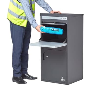 SMART PARCEL BOX XXL Paketbox für draußen, Paketbriefkasten zum Einbauen, zur Wandmontage oder freistehend, Entnahme hinten & vorne, rostfreier Stahl, grau