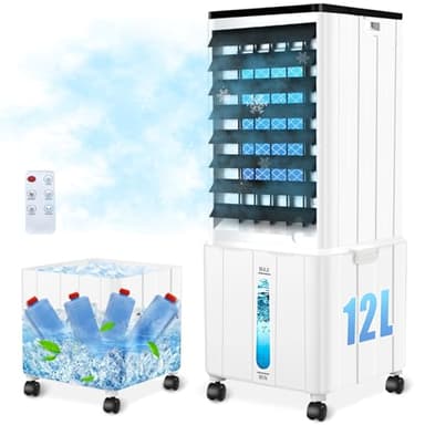 Klimagerät ohne Abluftschlauch, 12L 60W Klimaanlage Mobil mit 12H Timer, 3 Modus, 40dB, 120°Oszillation, Abnehmbare Wassertank, Fernbedienung, Leise Luftkühler Air Conditioner für Wohnung Zimmer Räume