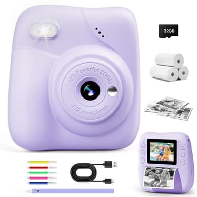 CAMCLID Kinderkamera Sofortbildkamera, 1080P Sofortbildkamera Kinder mit 32GB Karte & 3 Rollen Druckpapier, 48MP Digitalkamera Kinder Kamera, Geschenk für Jungen und Mädchen 3-12 Jahre (Lila)