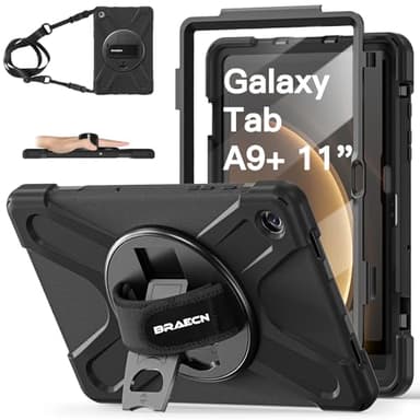 BRAECN für Samsung Galaxy Tab A9+ Plus Hülle 11 Zoll 2023, Stoßfeste Robuste Tragbare Schutzhülle mit Displayschutz, 360° Drehbarem Ständer undHandgurt, Schultergurt für SM-X210/X216/X218, Schwarz