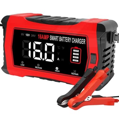 HTRC 16A Autobatterie Ladegerät, 6V/12V/24V Batterie Ladegerät für Auto LKW Motorrad Rasenmäher Boot Marine Batterien, Lithium Ladegerät, LiFePO4 Ladegerät, Blei-Säure Ladegerät für AGM, Gel, EFB usw