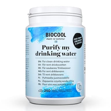 Biocool Wasserreinigungstabletten – Packung mit 250 Tabletten für bis zu 1.250 Liter Trinkwasser | Ideal für Camping, Wandern, Wohnwagen und Notfälle | 1 Tablette reinigt 5 Liter