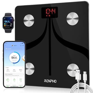 RENPHO Körperfettwaage Smarte, Wiederaufladbare Personenwaage Digital per USB-C, Personenwaage mit Körperfettanalyse mit App, 180 kg, Schwarz