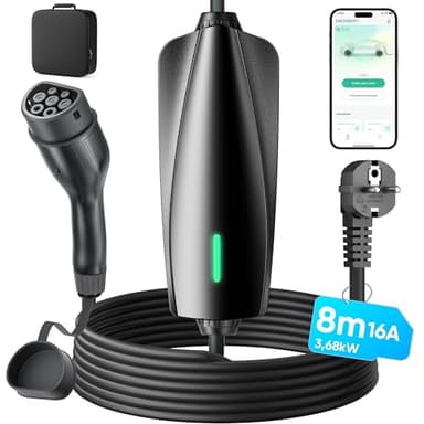 Zyncove Ladekabel Elektroauto Typ 2 Schuko App Steuerung : 3,68kW [6-16A 8m] EV Charger mit Einstellbarer Ladeleistung für Auto Model 3/Y, ID.3/4/5, i3, e-tron, EQC und Alle EVs/PHEVs