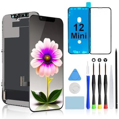 Brinonac für iPhone 12 Mini Display Ersatzset, 5,4 Zoll Full HD LCD Bildschirm, Touch Digitalisierer Montageset mit Reparaturwerkzeugen und gehärtetem Glas Schutzfolie