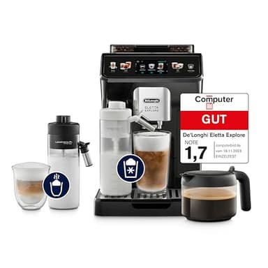 De'Longhi Eletta Explore ECAM452.57.G Kaffeevollautomat mit LatteCrema Milchsystem, heiße und kalte Getränke auf Knopfdruck, 3,5 Zoll TFT Touchscreen Farbdisplay, Kaffeekannen inklusive, schwarz