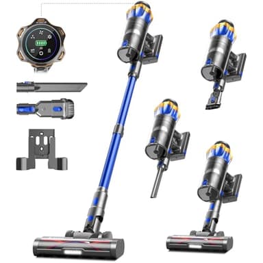 Akku Staubsauger 45000Pa/550W/65Min, 1,6L Staubsauger Kabellos mit Display, Anti-Tangle-Bürste, Selbststehend, Wandladestation, 8-Schicht-Filtration, Ultraleise, für Tierhaare/Teppiche/Hartböden/Auto