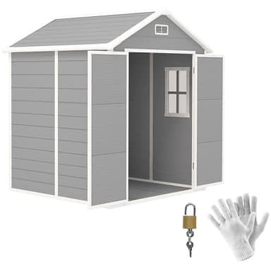 Outsunny Gerätehaus 2,4m², Wasserdicht Gartenhaus mit Boden Pultdach, 182x151x219/181 cm, Geräteschuppen mit Abschließbar Tür, Fenster, Fahrradgarage aus Kunststoff für Hinterhof, Garten, Grau