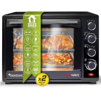 TurboTronic Minibackofen mit Umluft 35l schwarz 1600W, Mini Backofen mit 2 Backblechen, Timer, Pizzaofen, Grill