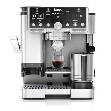 Ninja Luxe Essential 2-in-1-Kaffeemaschine mit Mahlwerk und Aufschäumer für Latte, Cappuccino & Espresso, einfache Handhabung, 2 Voreinstellungen zum Aufschäumen, Silber, ES501EU