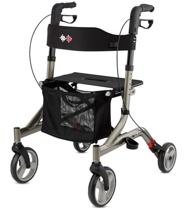Bischoff & Bischoff Capero Rollator, faltbar – Leichtgewicht-Rollator für drinnen und draußen, Gehwagen mit Rücken-Gurt, Stockhalter und abnehmbarer Netz-Tasche, Platin