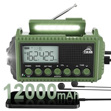 Notfallradio 12000mAh Solar & Kurbelradio - AM/FM/SW, SOS-Alarm, Powerbank, Taschenlampe, Regensicher & Stoßfest - Tragbar mit Leselampe, Kopfhöreranschluss (Grün) Radio