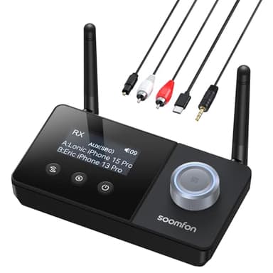 SOOMFON Bluetooth 5.3 Sender Empfänger für 2 Kopfhörer, 3-in-1 Bluetooth Audio Adapter mit Doppelantenne, Bluetooth Transmitter Receiver für TV/Stereoanlage, mit Lautstärkeregelung, Aux/Cinch/Optisch