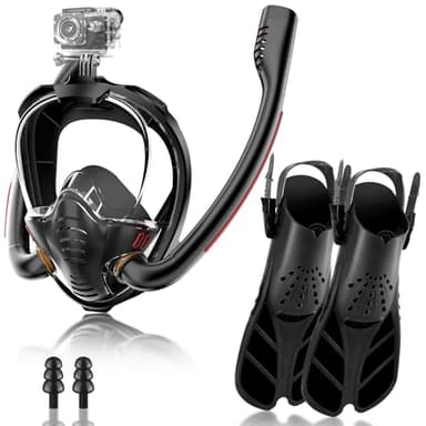 Schnorchelset Erwachsene Mit Flossen, Schnorchelmaske für Erwachsene Vollmaske, 180-Grad-Sicht Tauchmaske Kompatible Sportkameras Doppelrohr-Trockenschnorchel Schnorchelmaske