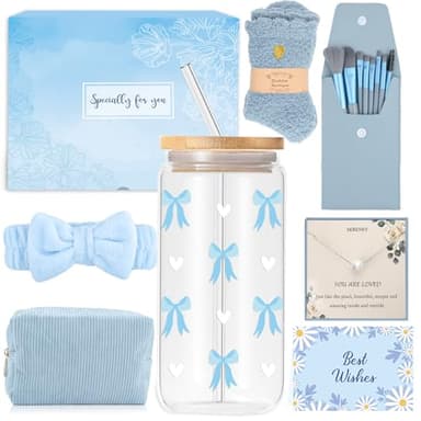 Geschenke für Mädchen Teenager 9 10 11 12 13 14 15 Jahre, Einschulung Geburtstag Geschenk Mädchen Glasbecher, Trinkglas mit Strohhalm und Deckel, Schminkpinsel Kosmetiktasche Halskette Socken Haarband
