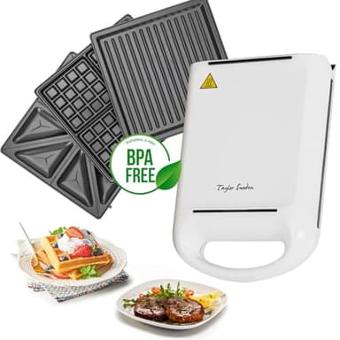 Taylor Swoden Manor Waffeleisen Sandwichtoaster, 3-in-1, mit Kapazität für 4 Sandwiches, 1200 W, 3 abnehmbare Platten Sandwiches, Waffeln und Grill, Antihaftbeschichtung, Weiß