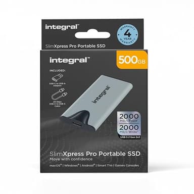 Integral SlimXpress Pro 500GB Externe Portable SSD-Festplatte: USB-C, 2000 MB/s Lesen/Schreiben, USB 3.2 Gen 2x2, Kompaktes, Plug & Play, Kompatibel mit Mac, Windows-PC, Android, Xbox, Playstation