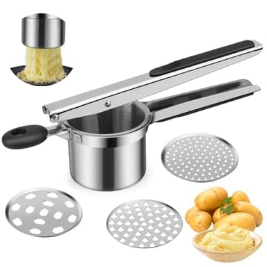 kartoffelpresse edelstahl,Kartoffelpresse für Kartoffelbrei, Gemüsebrei, mit 3-Loch-Scheibe, ergonomischem Design und Silikongriff