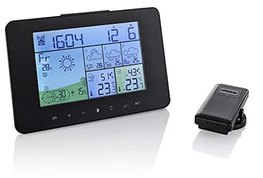 SOUCCESS SATELLITEN-WETTERSTATION Color Funk-Wetterstation mit 4 Tage Vorhersage, satellitengestützt, Außensensor, Thermometer, Luftfeuchte, Funkuhr, Windstärke/richtung, UVM, LCD, Schwarz