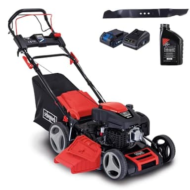 Scheppach MS225-53E VS Benzin Rasenmäher mit Antrieb & VarioSpeed - 6PS | E-Start | 53cm Schnittbreite | 65 L Fangkorb | 7-stufige Höhenverstellung | Mulchfunktion | inkl. Öl, Messer Akku & Ladegerät
