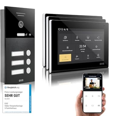 GVS - IP Video Türsprechanlage 3 Familienhaus mit Türöffner, HD Kamera, 3X 7 Zoll Monitor & App - Smarte Video Türklingel mit Kamera & Gegensprechanlage (AVS1291U)