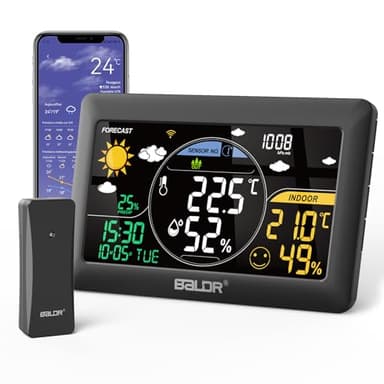 BALDR Wetterstation Funk mit Außensensor, 2.4Ghz Wlan/APP Kontrolle, 7.5'' VA Display, Wettervorhersage in Echtzeit, Echtzeit-Kalibrierzeit, Digital Thermometer Hygrometer Innen