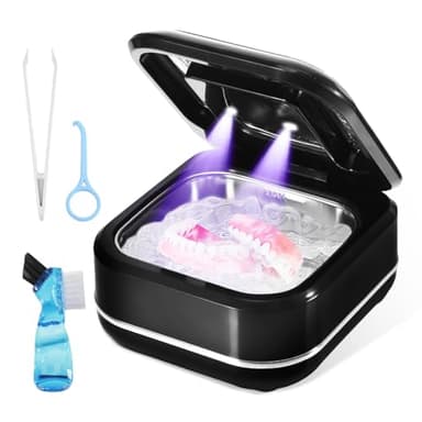 Ultraschallreinigungsgerät für Zahnersatz,43000Hz UV Ultraschallreiniger, 180ML Ultraschallreinigungsgerät Brille 2 Modi für Zahnprothesen, Aligner, Retainer, Mundschutz, Schmuck, Whitening Trays