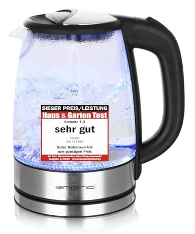EMERIO Glas Wasserkocher mit 1.7 Liter Volumen | 2200 Watt | blaue LED Innenbeleuchtung | 360° Basis | SIEGER Preis/Leistung Haus & Garten Test | bestes Borosilikatglas | BPA frei | WK-119988.7