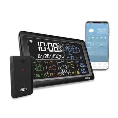 EMOS GoSmart - WiFi-Wetterstation mit Funk-Außensensor und App - Farbdisplay, 5-Tage-Wettervorhersage, Thermometer, Hygrometer, Uhr - Tuya, Smartlife kompatibel - inkl. Netzteil, Wand-/Tischhalterung