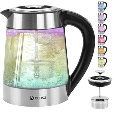 Ecosa® Glas Wasserkocher mit Teesieb und Temperatureinstellung Edelstahl – Teekocher Glas Edelstahl BPA Frei - Warmhalten Temperaturwahl 40°C-100°C 2.200 Watt Kalkfilter waschbar LED Beleuchtung