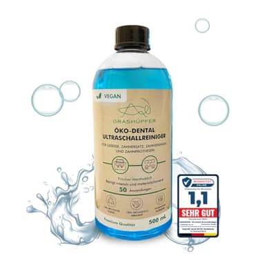 GRASHÜPFER® Öko Dental Ultraschallreiniger Konzentrat [FRISCHES MENTHOL] - Für Zahnersatz, Prothesen, Gebisse, Spangen, Schienen - Für Ultraschallreiniger und Ultraschallbad - 500 ml