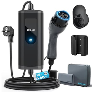 bokman Typ 2 Schuko EV-Ladegerät, 5 Meter | 16A | 3,68kW | IP65 Wasserdicht, Tragbares EV-Ladegerät für IEC 62196-2 mit Tragetasche & Mikrofaserhandtuch
