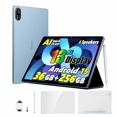 Blackview 13 Zoll Tablet Android 15, Mega8 36GB+256GB+2TB Erweiterung, Quad-Box Speakers, 2K FHD+ Gaming Tablet, 4G LTE 5G WiFi, 50MP AI Camera, 11000mAh, PC Mode, Hülle + Intelligenter Stift, Blau