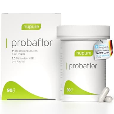 Nupure® Probaflor 90 Kapseln, mit 1.800 Mrd KBE/kasten*, 11 Spezielle Bakterienstämme, Mit Inulin und Lactobacillus salivarius SP2, Besser geschützt dank Spezialdose, Vegan