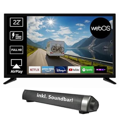 Reflexion LED22iBT Smart-TV 22 Zoll mit Soundbar, Full-HD, WLAN, Bluetooth, HDMI, USB, CI+, 12V-KFZ-Adapter – ideal für Wohnmobile, Wohnwagen, Camper & Boote – inkl. Fernbedienung