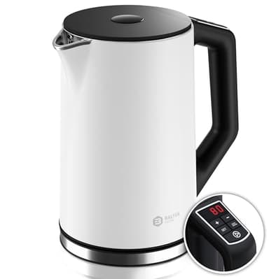 BALTER Edelstahl Wasserkocher mit Temperatureinstellung, 40°C-100°C, Doppelwand, BPA frei, leise & kabellos, Kettle, Teekocher mit Temperaturwahl, 1.5L, 2200W, Weiß