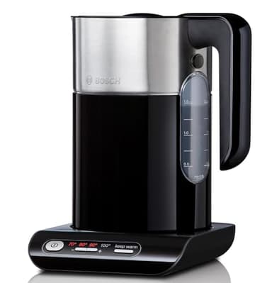 Bosch kabelloser Wasserkocher TWK8613P, Abschaltautomatik, Überhitzungsschutz, Temperaturwahl, Warmhaltefunktion, 1,5 L, 2400 W, schwarz