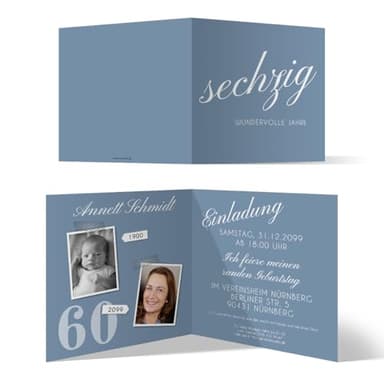 Runder 60. Geburtstag personalisierte Einladungskarten ab 10 bis 100 Stück selbst gestalten - Sechzig wundervolle Jahre - Klappkarte, zwei Fotos, dickes Papier
