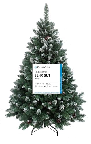 RS Trade HXT 15013 Schneebaum 120 cm künstlicher Weihnachtsbaum mit Schnee und Zapfen (Ø ca. 78 cm) ca. 500 Spitzen, schwer entflammbar, Schnellaufbau Klappsystem, inkl. Christbaum Ständer