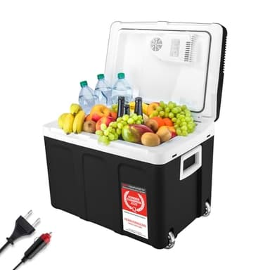 TZS First Austria elektrische Kühlbox 45 Liter | 12 Volt & 230 Volt Anschluss | mobiler Minikühlschrank mit Rollen | für Camping, Festivals, Reisen | mit Warmhaltefunktion | schwarz