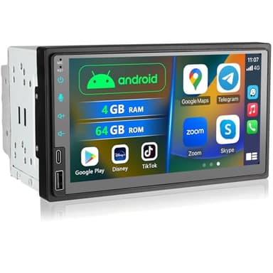 7 Zoll Doppel Din Android Autoradio mit Wireless Carplay, 4+64G Auto Radio Bluetooth mit Bildschirm, 2 Din Autoradio CarPlay Display mit Navi, WiFi, AM/FM/RDS, AUX/SWC