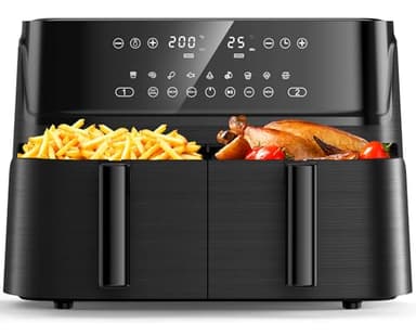 10L Heißluftfritteuse 2 Kammern, 10 in 1 Dual Zone Air Fryer, Heissluftfritteuse Doppelkammer mit Digitales Bedienfeld, Vorheizen & Warmhalten, Smart und Timer Funktion, 40 Recepte, für 6-10 Personen