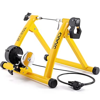 CXWXC Fahrrad Rollentrainer, Klappbar Stahl Bike Trainer mit Schnellspanner Vorderradunterlage Radtrainer für 26-29 Zoll Fahrradtraining Fahrradfahren Zuhause Indoor (26-29, Gelb)