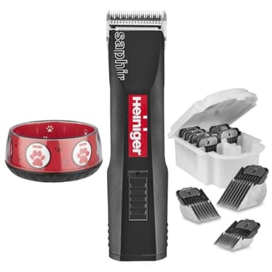 EHASO HEINIGER Profi Hundeschermaschine Set Saphir Akku-Schermaschine mit Scherkopf Size 10+ neunteiligem Aufsteckkammset + Hundenapf (Schwarz)